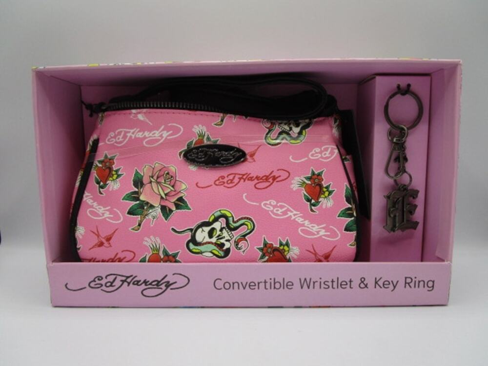 Ed Hardy Pink Convertible Wristlet & Keychain Roses Skull Snake Tattoo Print